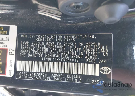 2015 Toyota Camry Se из США, поврежденный, VIN 4T1BF1FK4FU064819